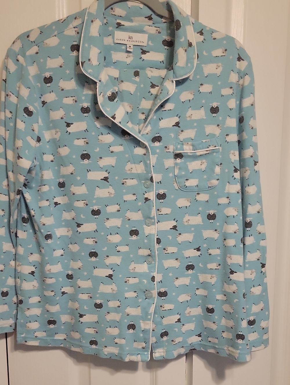 Karen Neuburger Blue Sheep-Print Pajama Top with White Piping Med